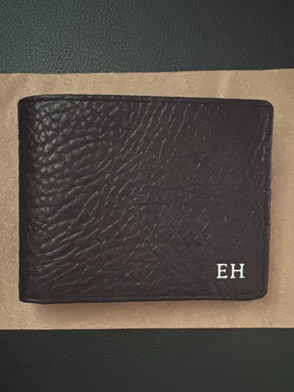 Leatherology Bifold Wallet with Flap, Monogrammed with "EH"